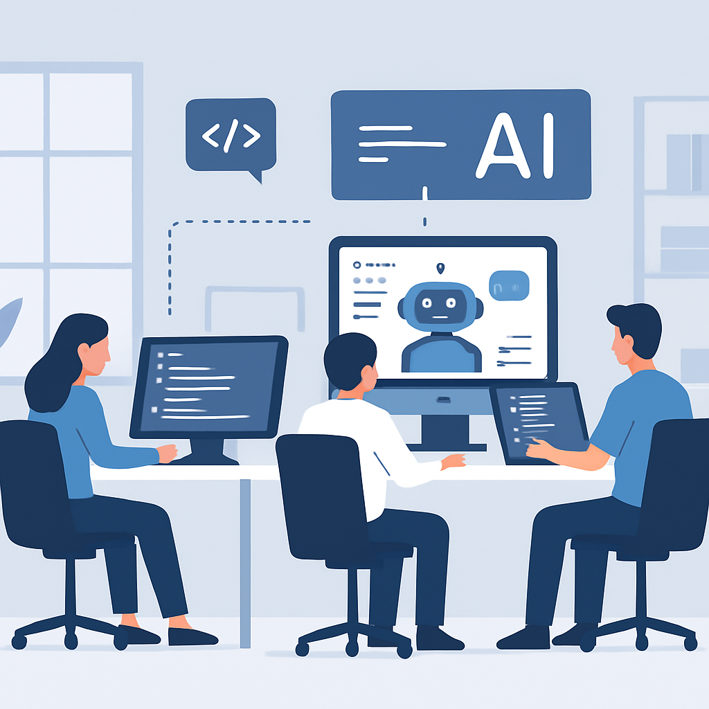 Oficina moderna con desarrolladores trabajando en chatbots de IA