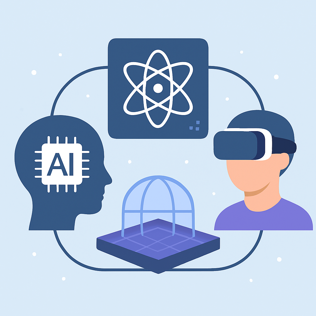 Visualización de convergencia tecnológica futurista con IA, computación cuántica y metaverso interconectados
