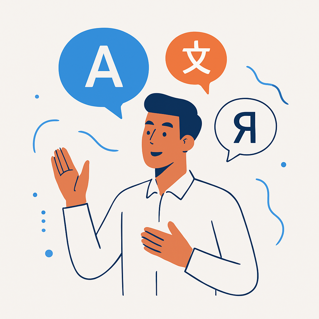 Persona hablando varios idiomas con confianza, rodeada de elementos lingüísticos abstractos