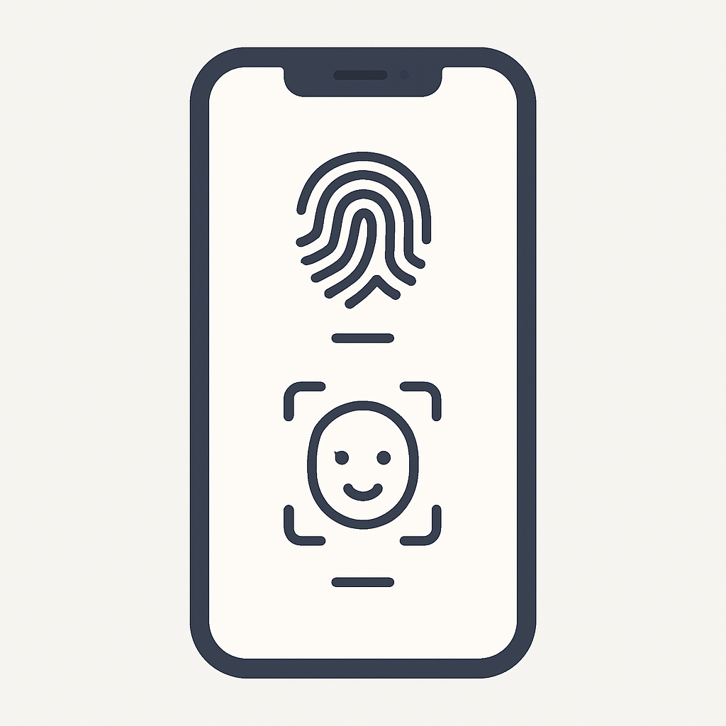Pantalla de smartphone mostrando opciones de autenticación biométrica con iconos de huella dactilar y Face ID