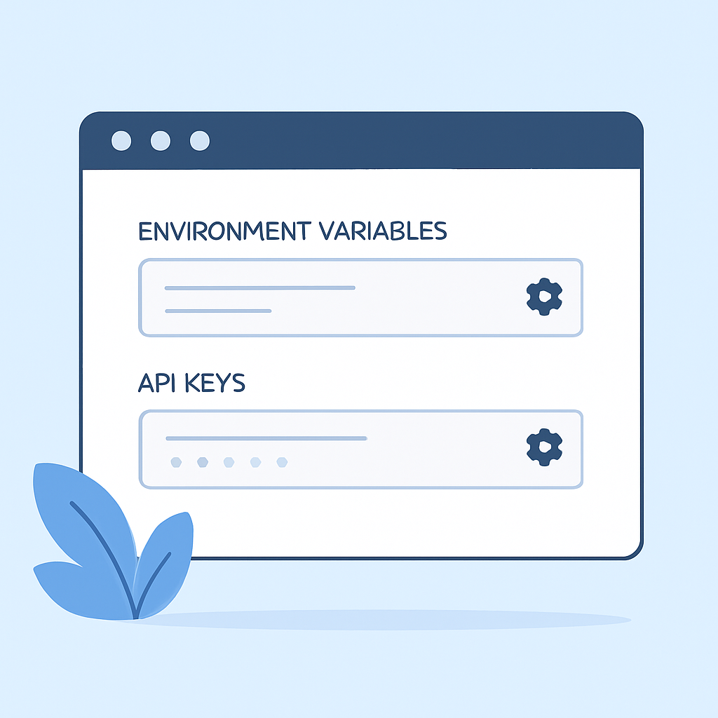 Pantalla de configuración mostrando variables de entorno y configuración de API keys