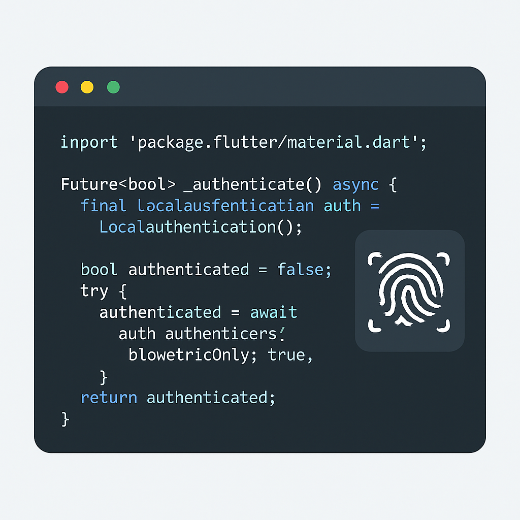 Editor de código mostrando implementación de autenticación biométrica en Flutter con el paquete local_auth