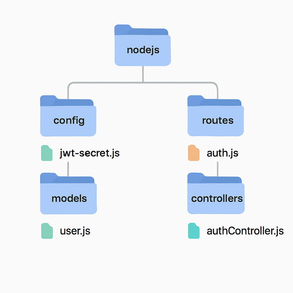 Visualización de la estructura del proyecto Node.js para sistema de autenticación JWT