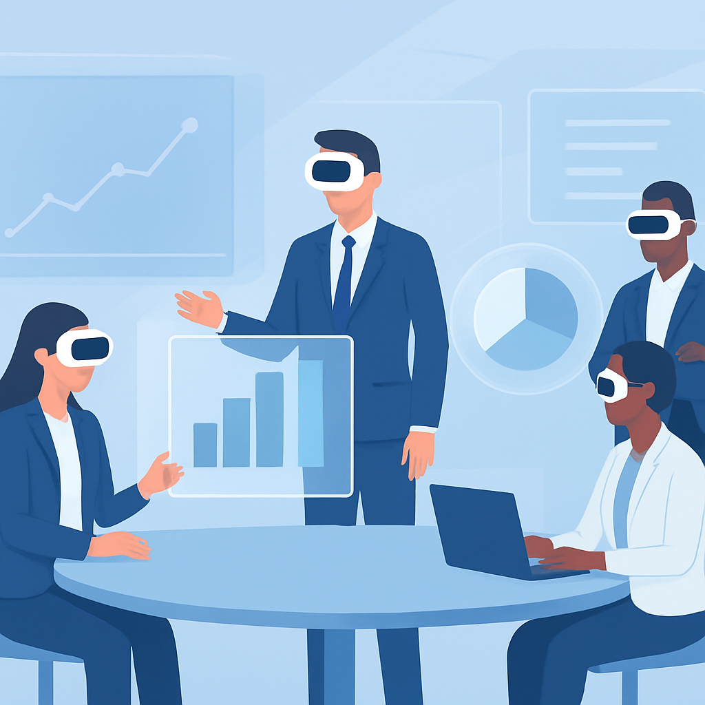 Profesionales de negocios colaborando en una sala de reuniones de realidad virtual futurista con pantallas holográficas 3D