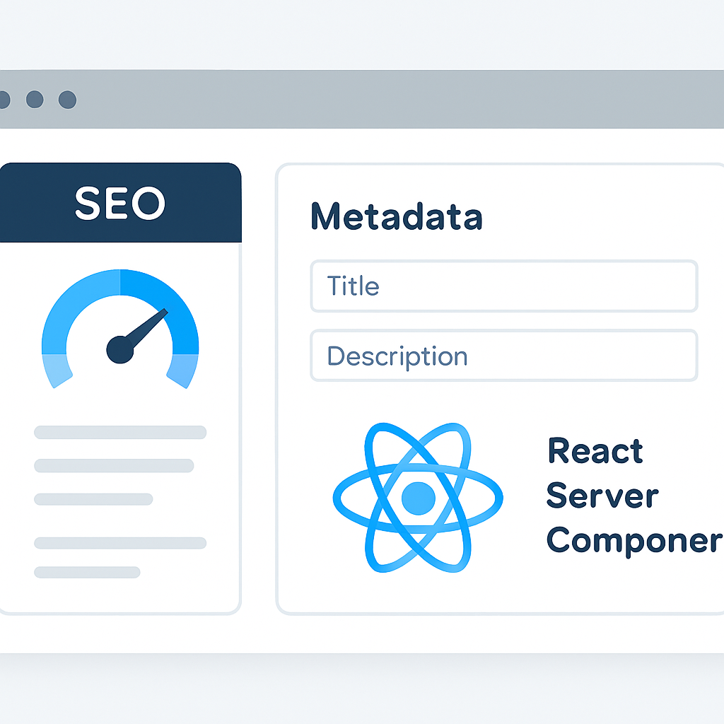 Dashboard de optimización SEO mostrando generación de metadata para React Server Components