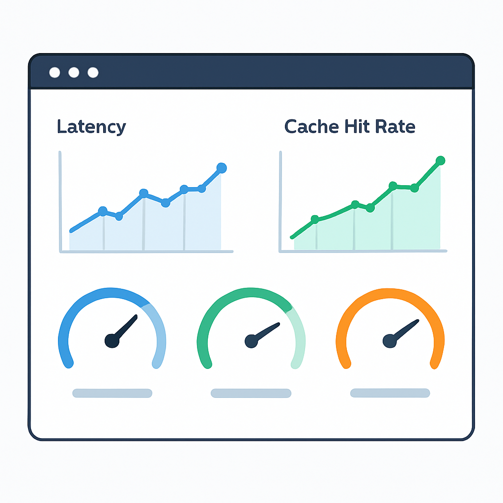 Dashboard de rendimiento mostrando métricas de latencia y tasas de acierto de caché