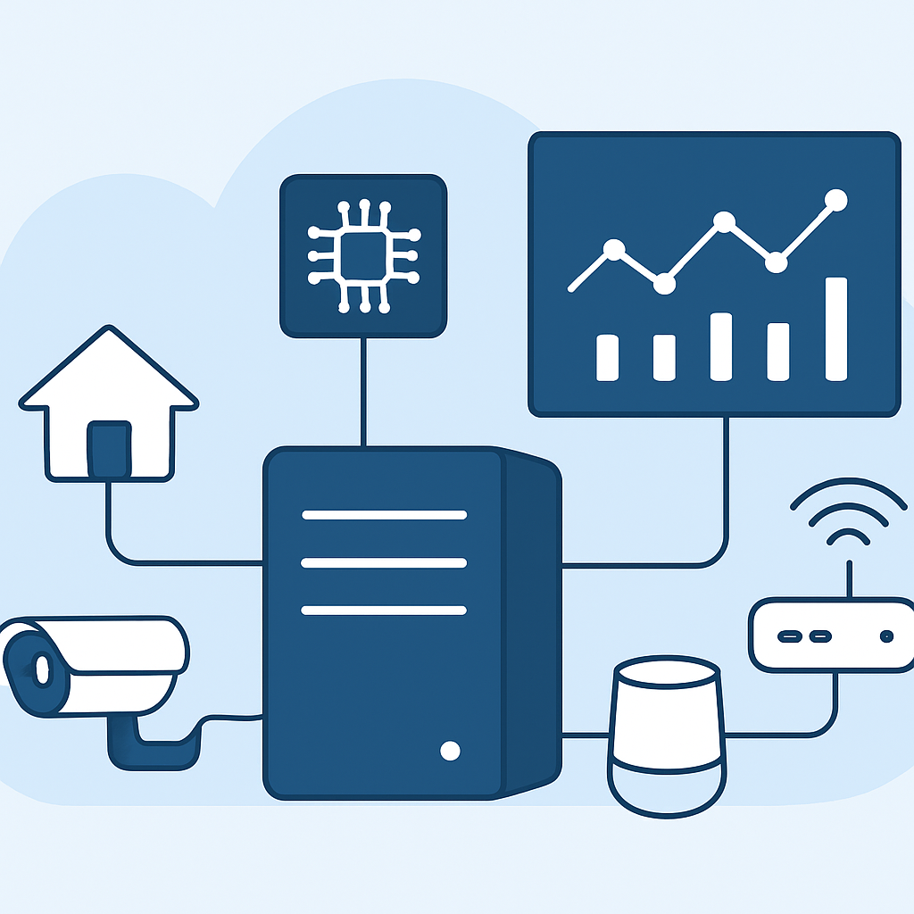 Infraestructura moderna de edge computing con dispositivos IoT conectados y visualización de procesamiento de datos en tiempo real