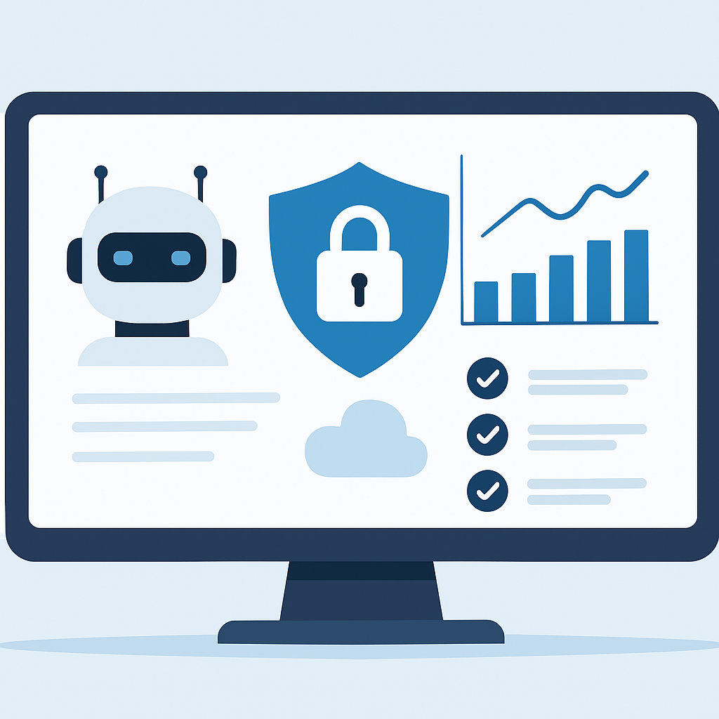 Panel de seguridad mostrando monitoreo de herramientas IA y protocolos de protección de datos