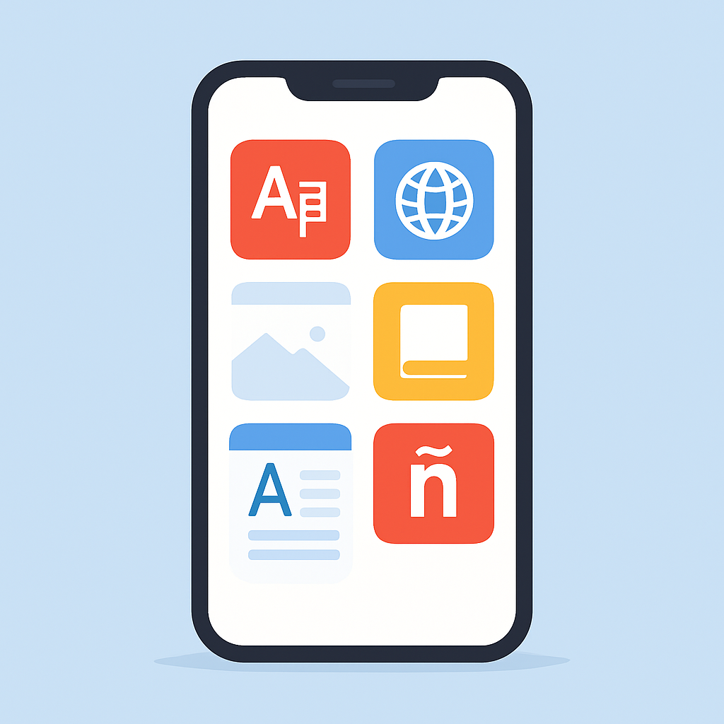 Pantalla de un smartphone mostrando aplicaciones de aprendizaje de idiomas y contenido en lengua extranjera
