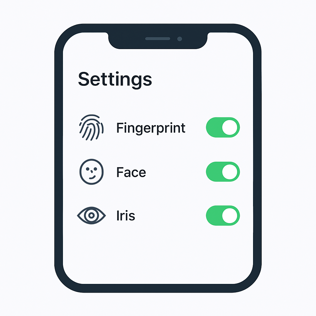 Pantalla de configuración de Android mostrando múltiples opciones de autenticación biométrica habilitadas