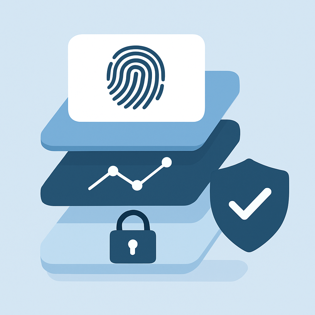 Diagrama de capas de seguridad mostrando fingerprinting de dispositivos y detección de anomalías