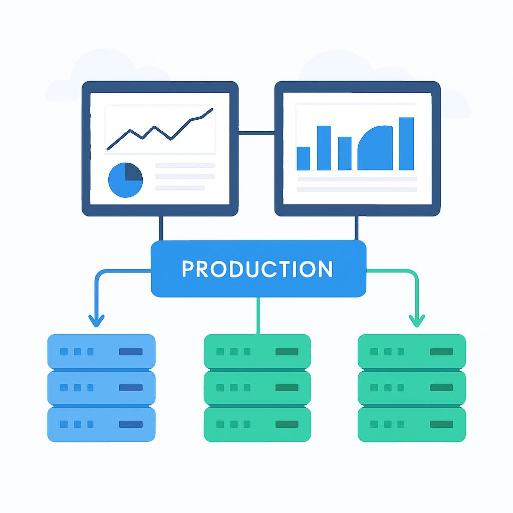 Arquitectura de despliegue en producción mostrando estrategia blue-green con paneles de monitoreo