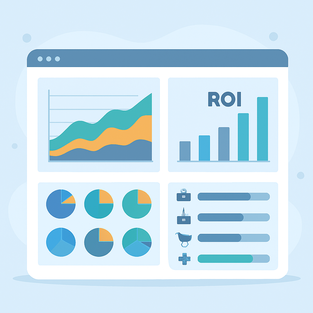 Dashboard de análisis empresarial mostrando tendencias de adopción tecnológica y métricas de ROI en diferentes industrias