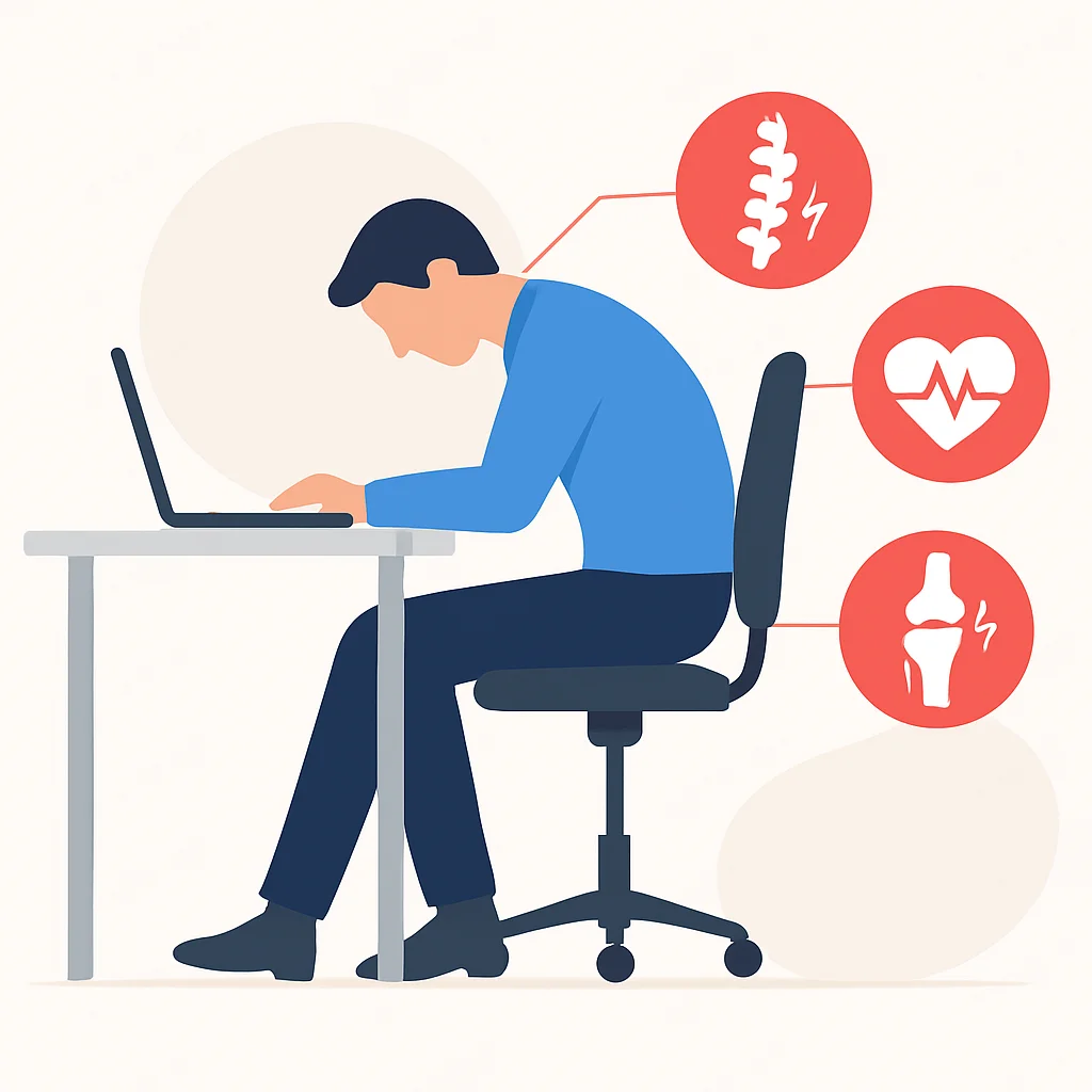 Diagrama de impactos negativos en la salud por sentarse prolongadamente