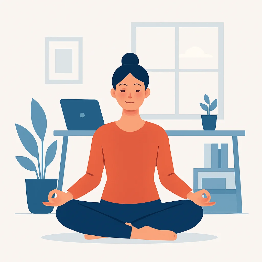 Persona meditando pacíficamente en una oficina en casa, ilustrando bienestar mental