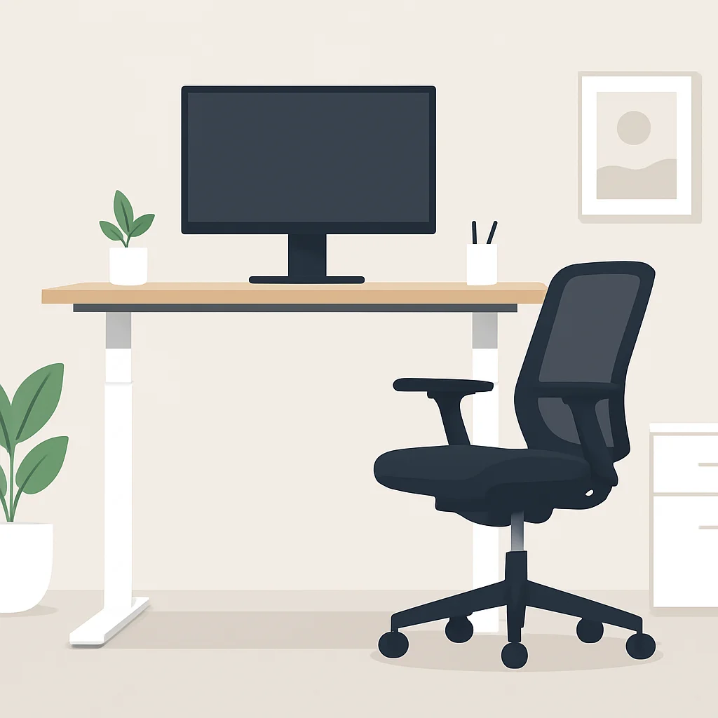 Configuración de oficina ergonómica en casa con escritorio de pie, monitor a la altura de los ojos y silla ergonómica