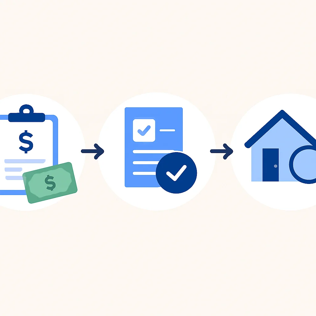 Diagrama de los pasos iniciales de compra de vivienda: definición de presupuesto, pre-aprobación y búsqueda de propiedades