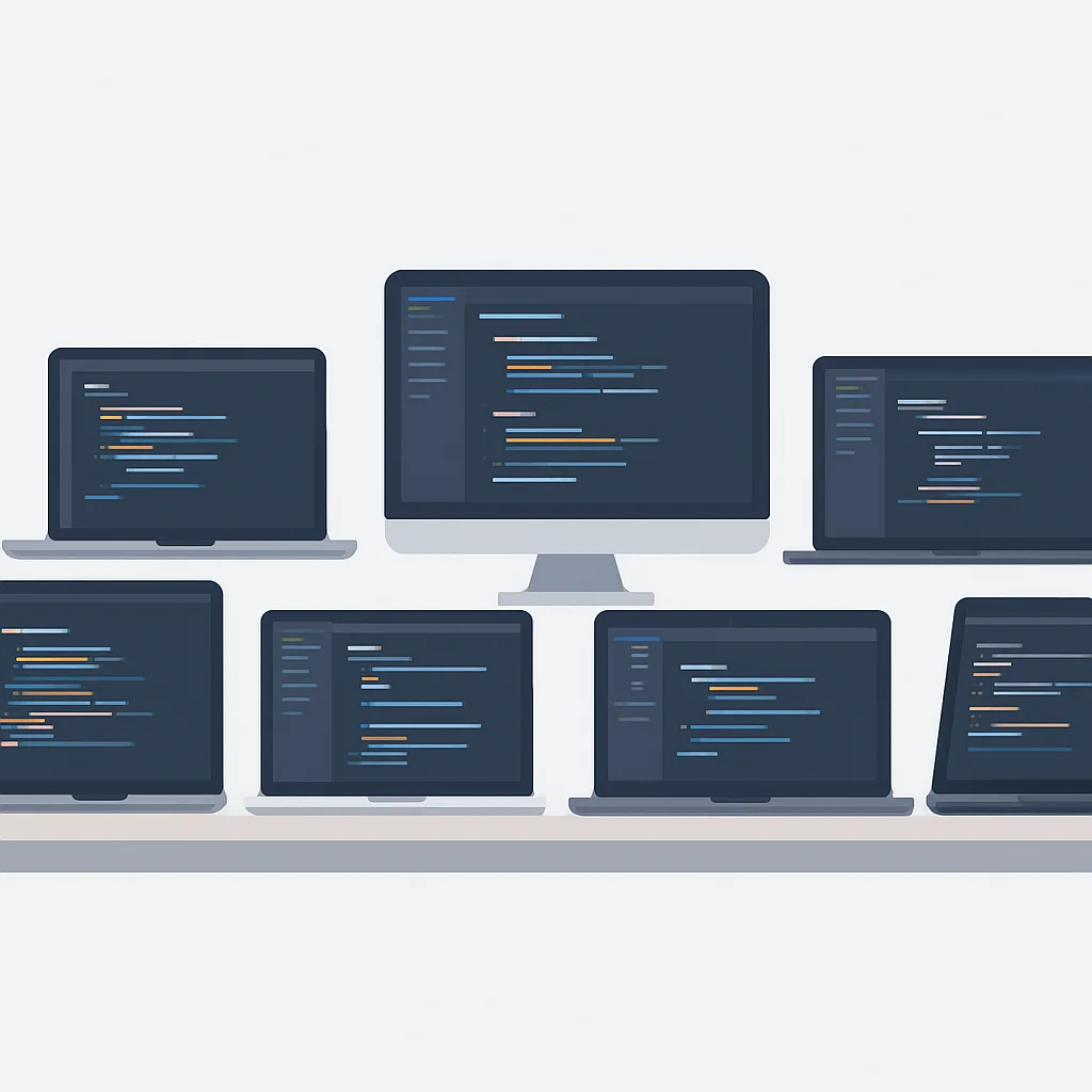 Siete modelos de laptops para desarrolladores en un escritorio moderno con editores de código en pantalla