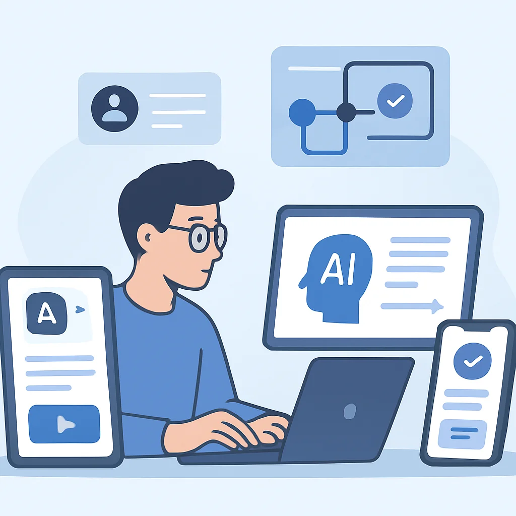 Ilustración de un desarrollador usando múltiples aplicaciones de aprendizaje de idiomas con IA en diferentes dispositivos, mostrando rutas de aprendizaje personalizadas y elementos interactivos.