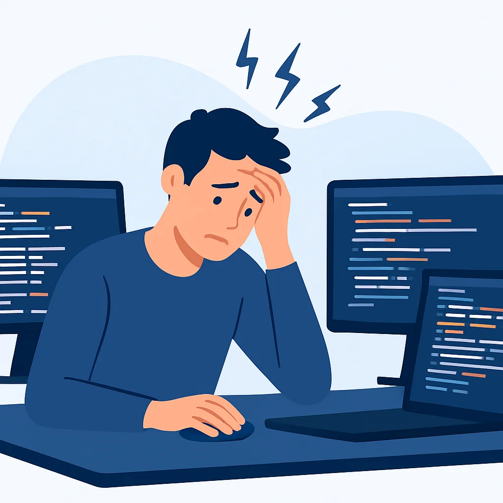 Desarrollador estresado frente a múltiples monitores con código complejo, simbolizando ansiedad y burnout