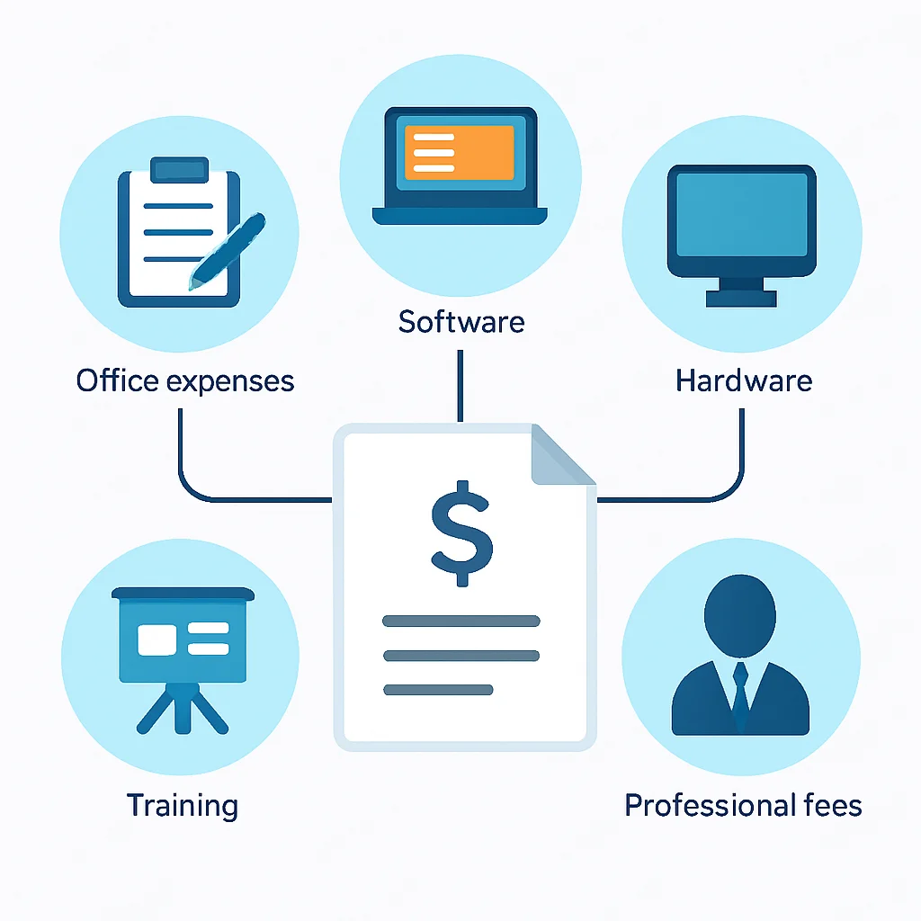 Diagrama de categorías de deducciones fiscales para autónomos: gastos de oficina, software, hardware, formación y honorarios profesionales