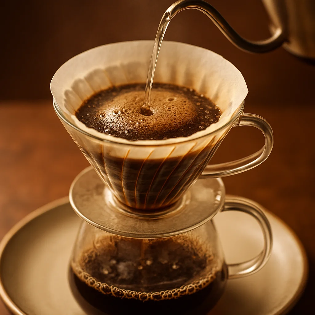 Preparación de café pour over con un Hario V60, agua caliente vertiéndose sobre café molido