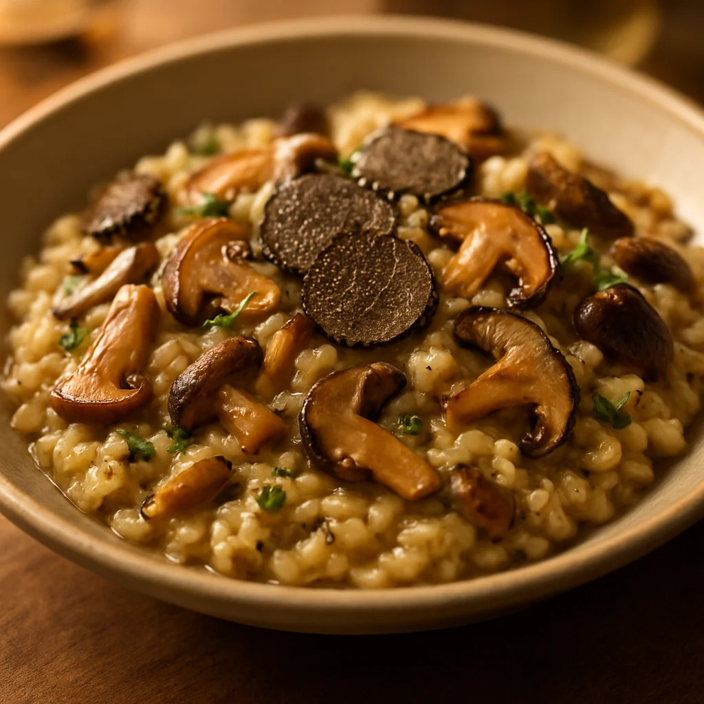 Risotto vegano elegante con setas de temporada y trufa negra