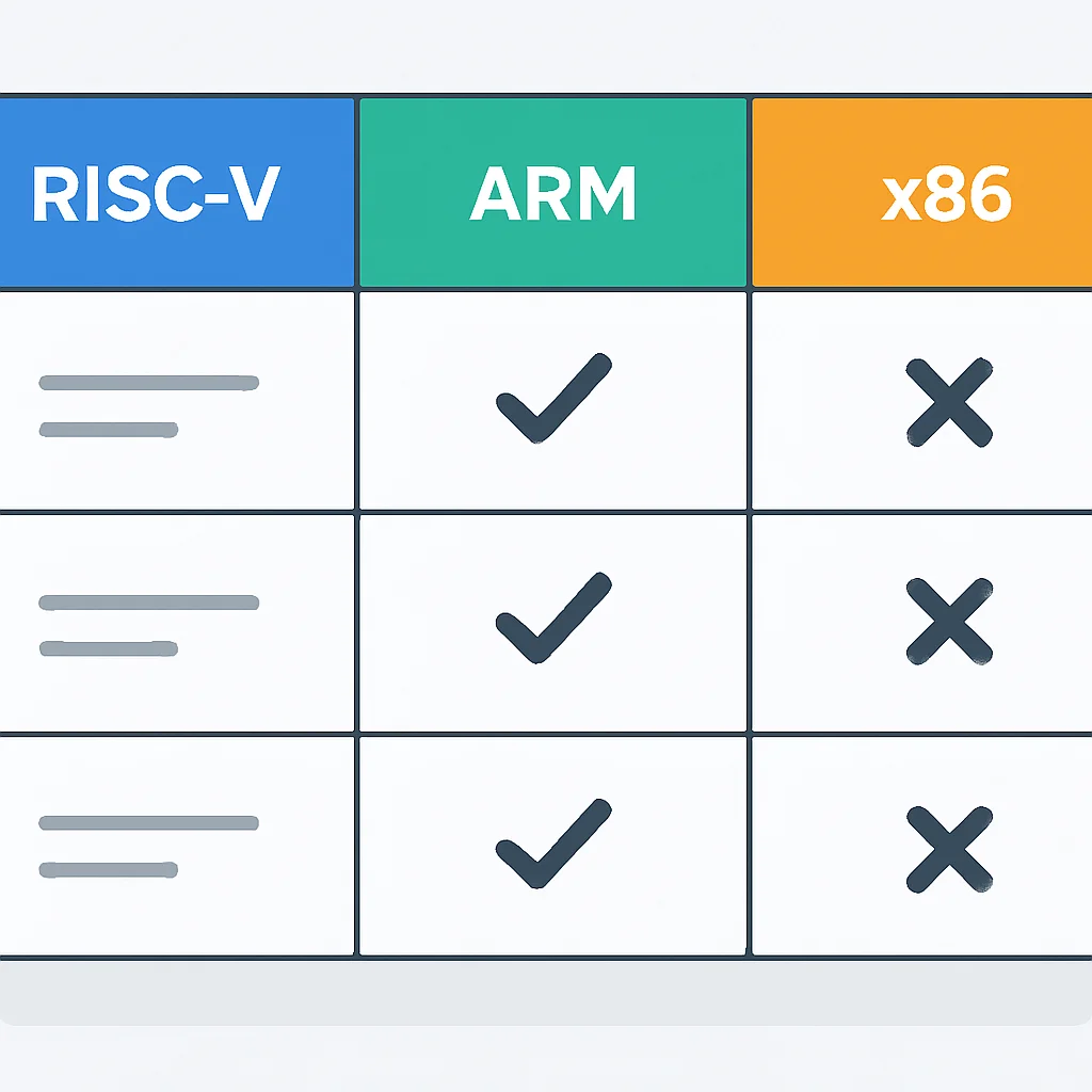 Tabla comparativa de características de RISC-V, ARM y x86