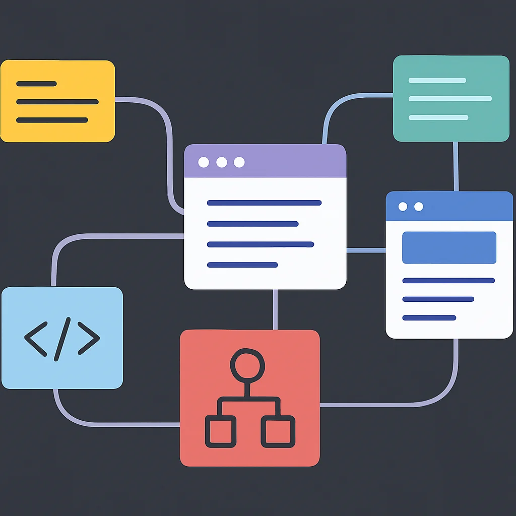 Vista de grafo de Obsidian mostrando notas interconectadas sobre conceptos de programación y proyectos, con diferentes colores para distintos tipos de notas.