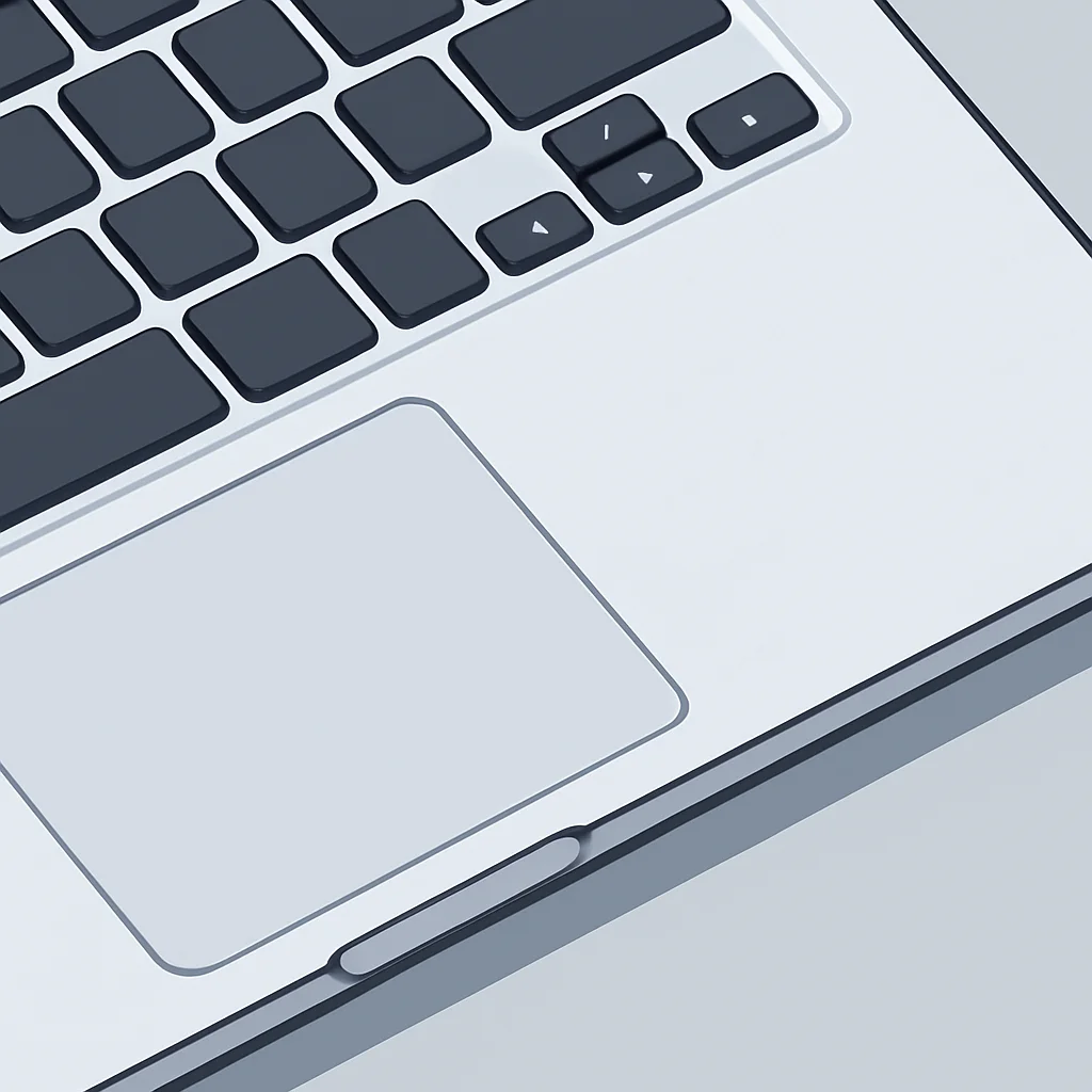 Primer plano detallado de un teclado y trackpad de laptop, enfatizando el diseño ergonómico y la calidad de construcción