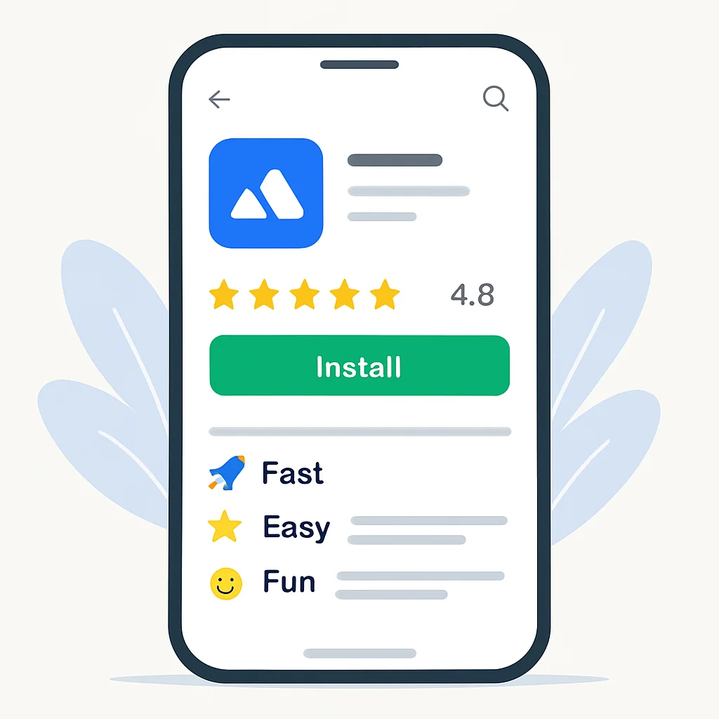 Ejemplo de descripción de app móvil para Google Play con palabras clave resaltadas y emojis