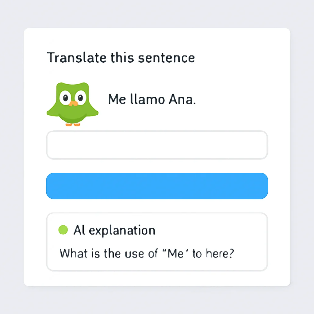 Captura de pantalla de una lección de Duolingo con la función de explicación de IA visible, mostrando una pregunta específica de un desarrollador sobre un punto gramatical.