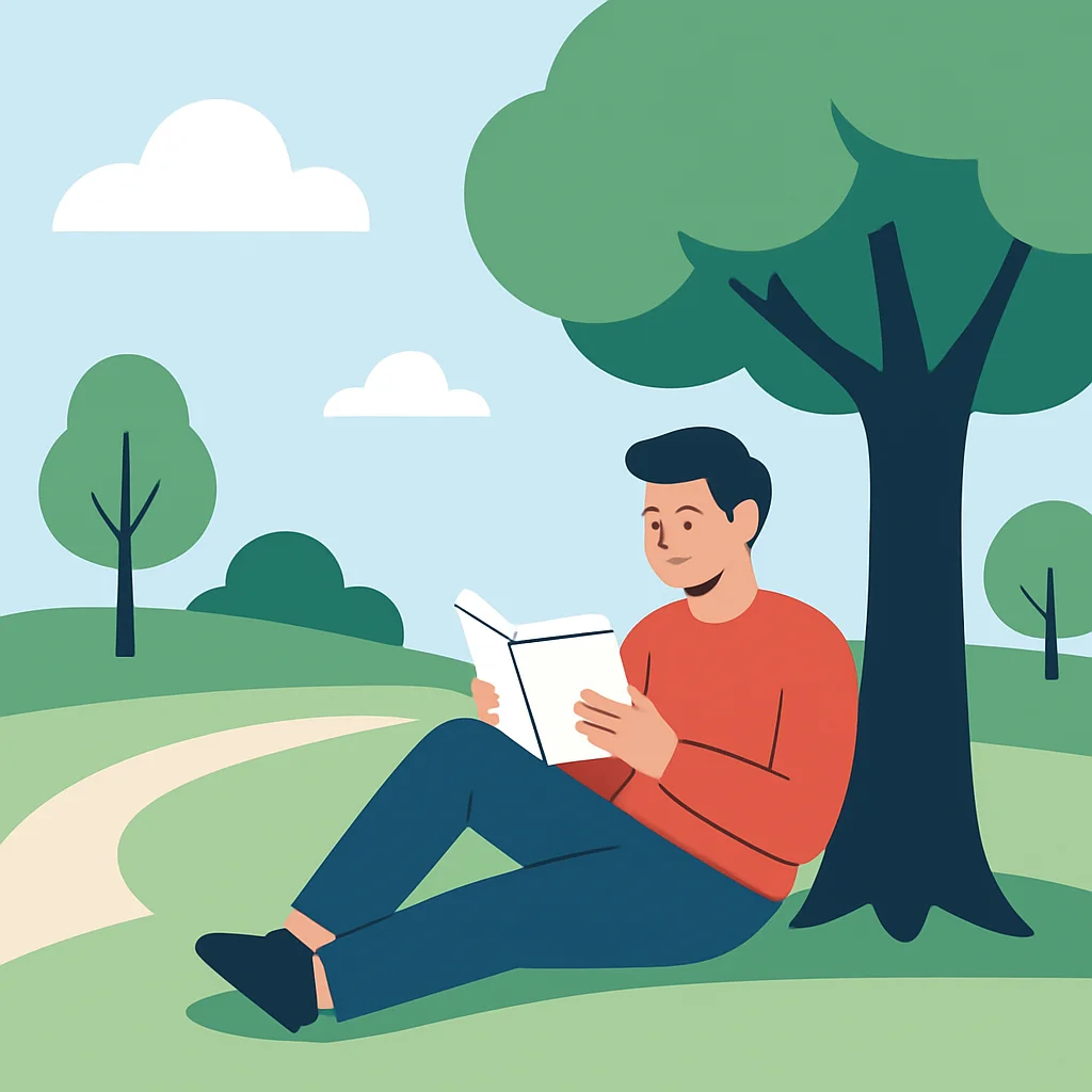 Persona relajándose en un parque con un libro, lejos de pantallas, simbolizando la desintoxicación digital y el descanso mental