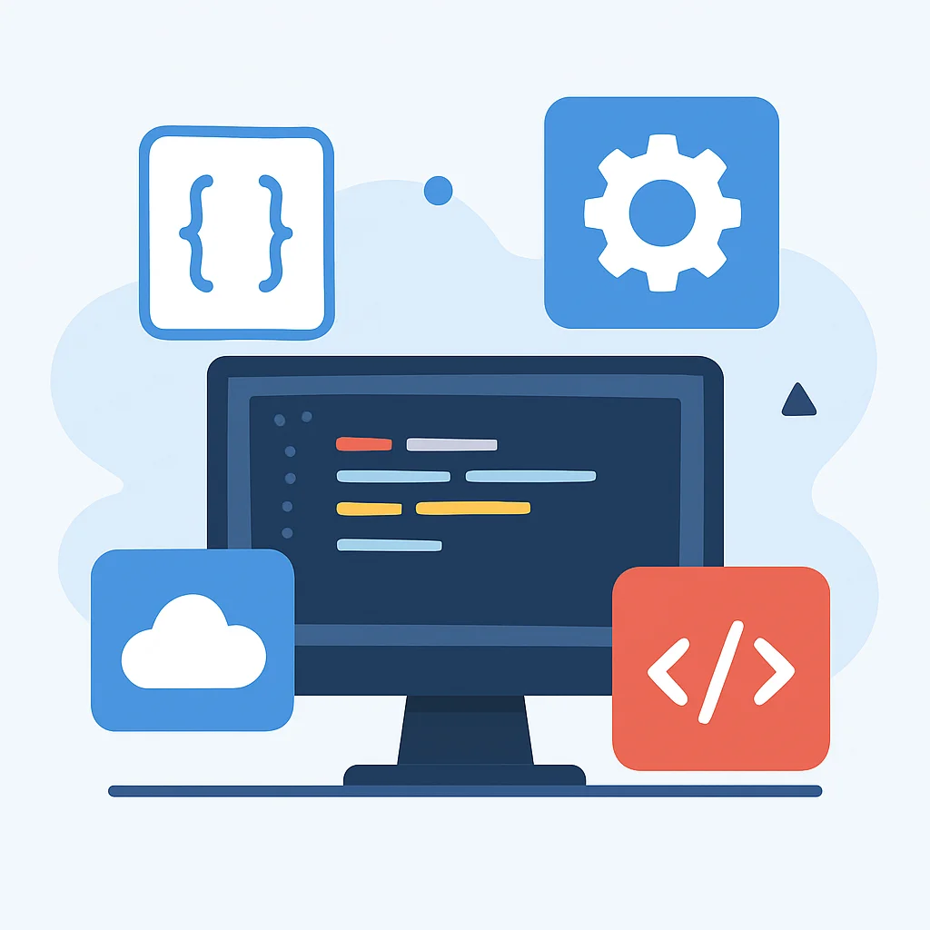 Ilustración de iconos de software y entorno de codificación