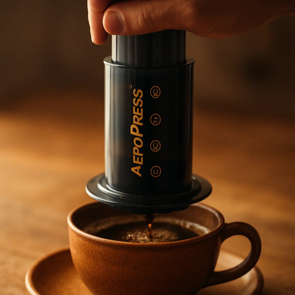 Persona preparando café con una Aeropress, presionando el émbolo