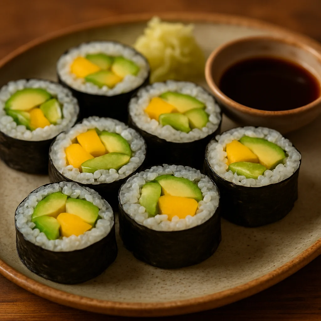 Rollos de sushi vegano creativos con aguacate y mango