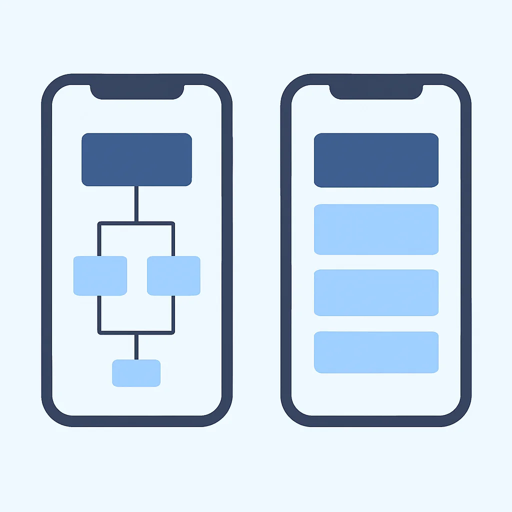 Diagrama comparativo de una jerarquía de vistas profunda versus una jerarquía de vistas plana en el diseño de UI móvil