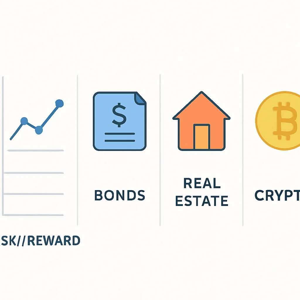Infografía comparando acciones, bonos, bienes raíces y criptomonedas con sus niveles de riesgo y recompensa