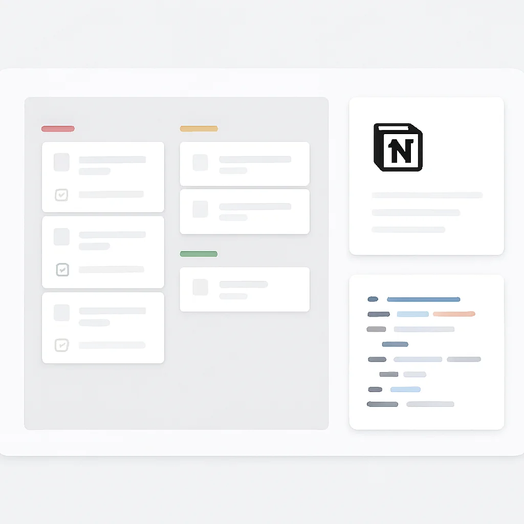 Panel de Notion para un equipo de desarrollo de software, mostrando tareas de proyecto, wiki de documentación y fragmentos de código incrustados en páginas.
