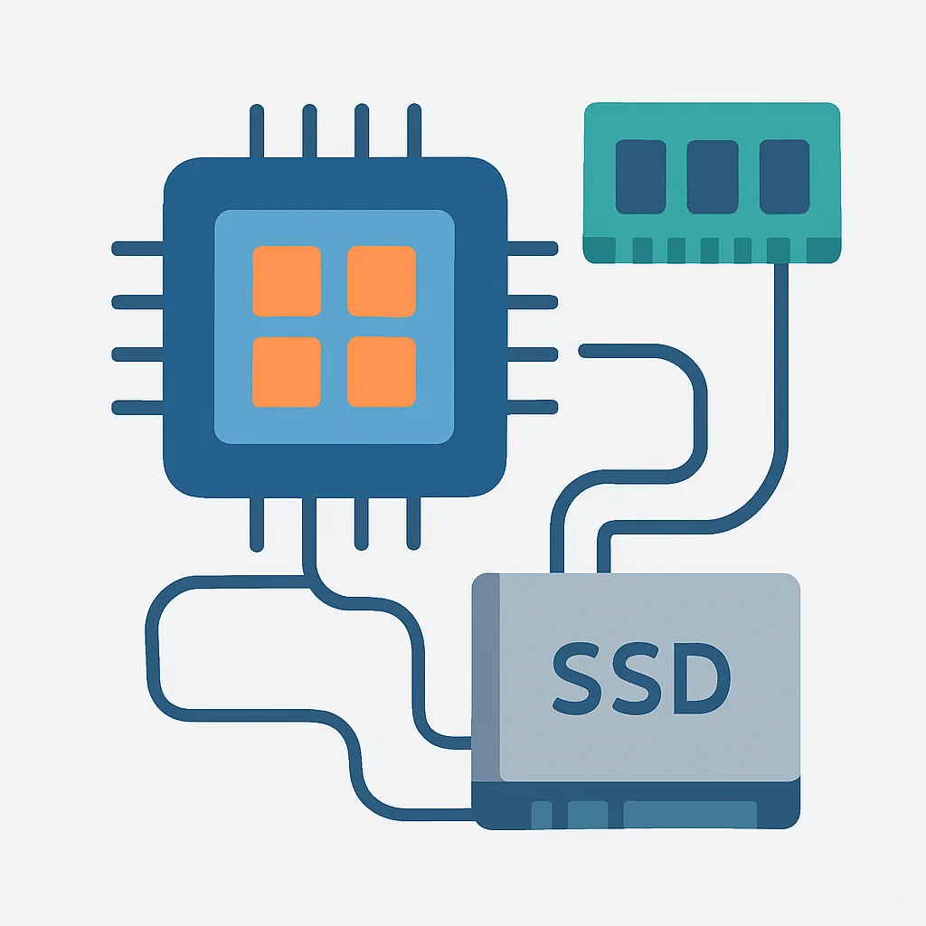 Representación abstracta de núcleos de CPU, módulos de RAM y almacenamiento SSD interconectados, simbolizando la computación de alto rendimiento para el desarrollo