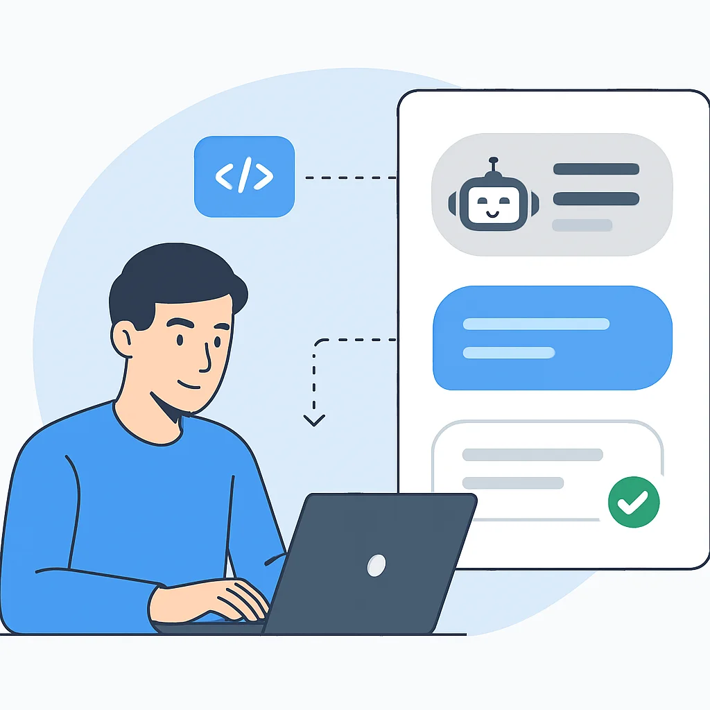 Diagrama que muestra el flujo de trabajo de un desarrollador utilizando un chatbot de IA para la práctica de idiomas, incluyendo la introducción de prompts y la recepción de respuestas corregidas.