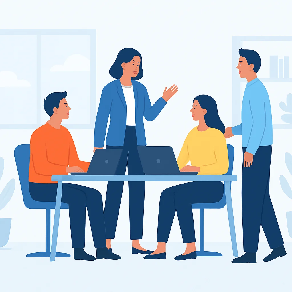 Miembros de equipo colaborando y comunicándose eficazmente en una oficina abierta, simbolizando un entorno de trabajo saludable