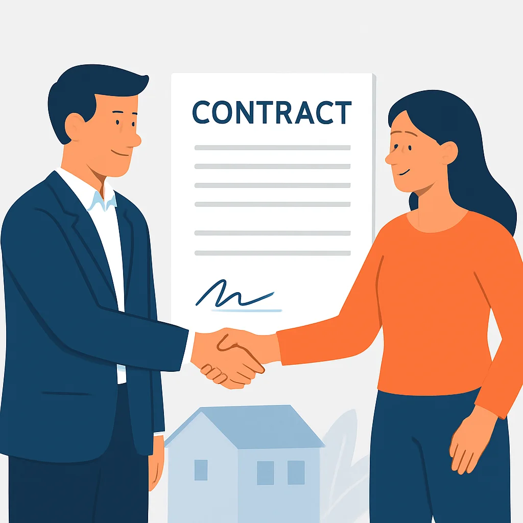 Ilustración de un propietario y un inquilino dándose la mano sobre un contrato, simbolizando un acuerdo justo