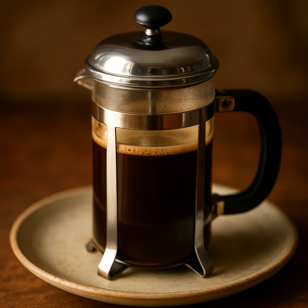 Cafetera de émbolo con café recién hecho, émbolo presionado