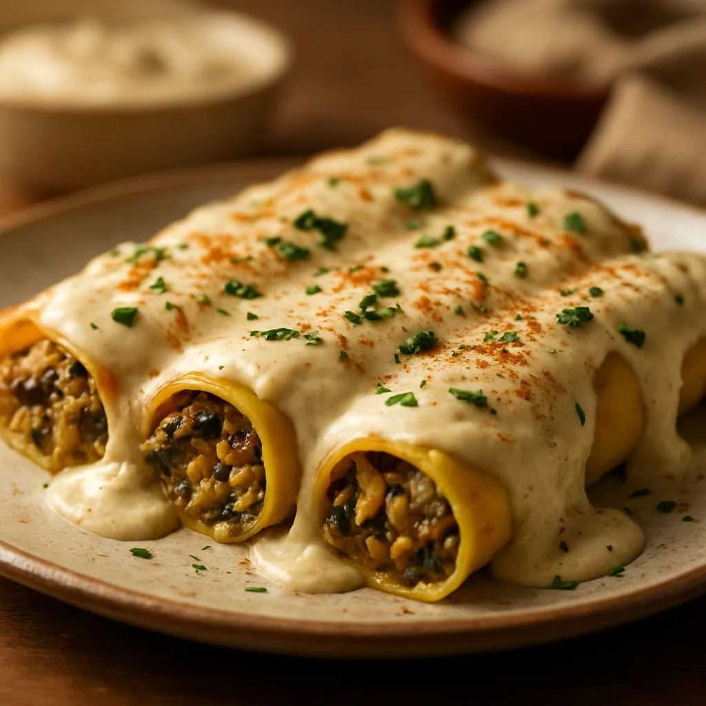 Deliciosos canelones veganos con bechamel de anacardos