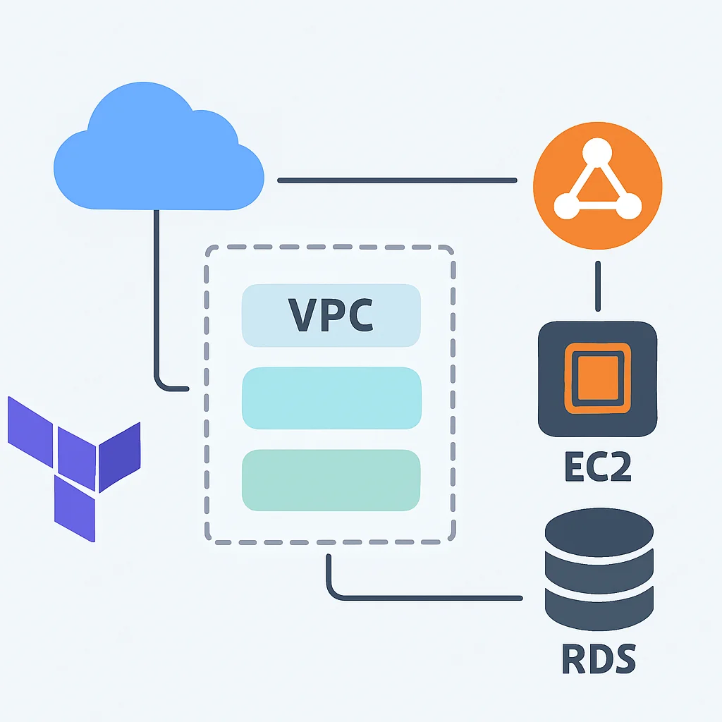 Diagrama conceptual de una arquitectura de aplicación web AWS típica desplegada con Terraform (VPC, Subredes, EC2, RDS, ALB)