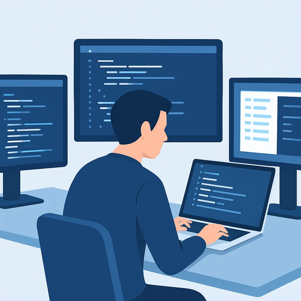 Un desarrollador trabajando en un laptop, rodeado de múltiples monitores, mostrando un entorno de codificación productivo