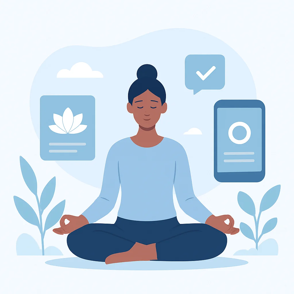 Una persona meditando en un entorno sereno, con sutiles elementos digitales representando aplicaciones de mindfulness