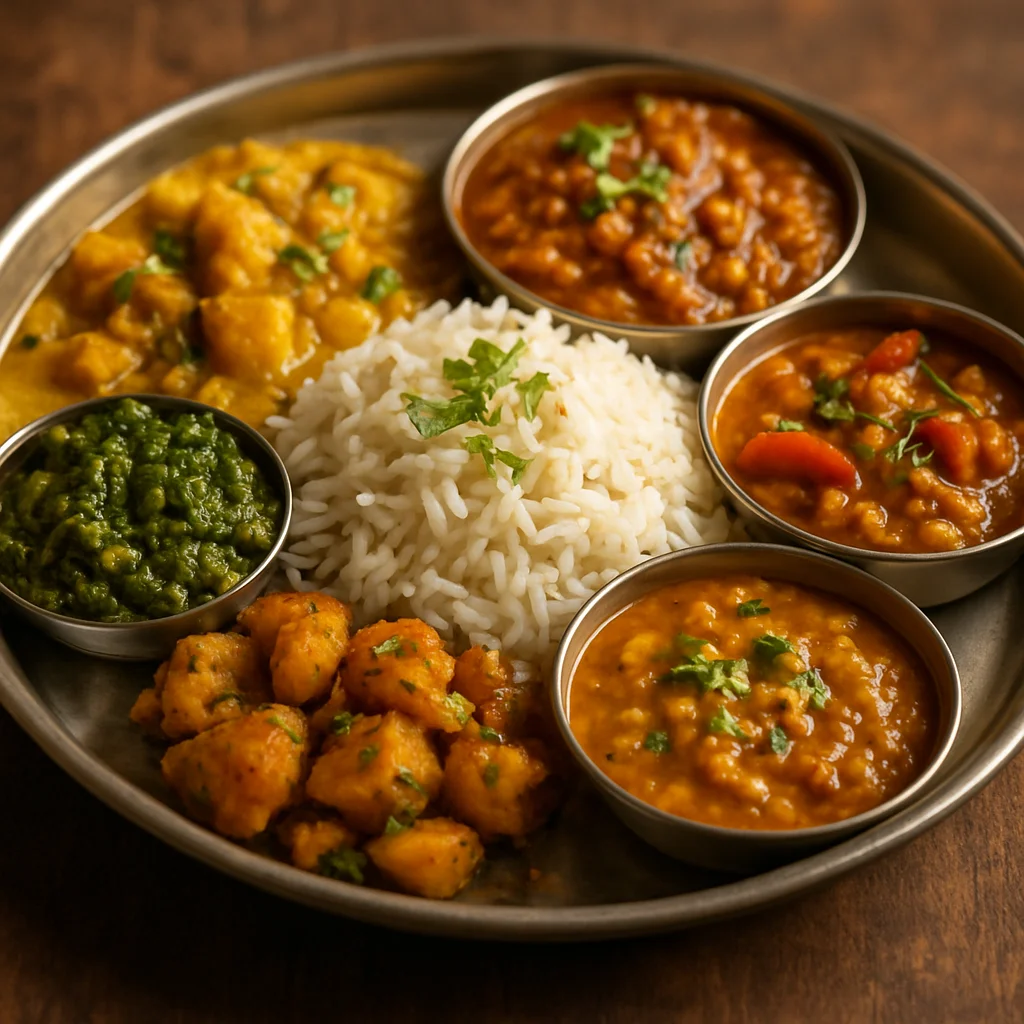 Plato de Thali vegano colorido con varios curries y arroz