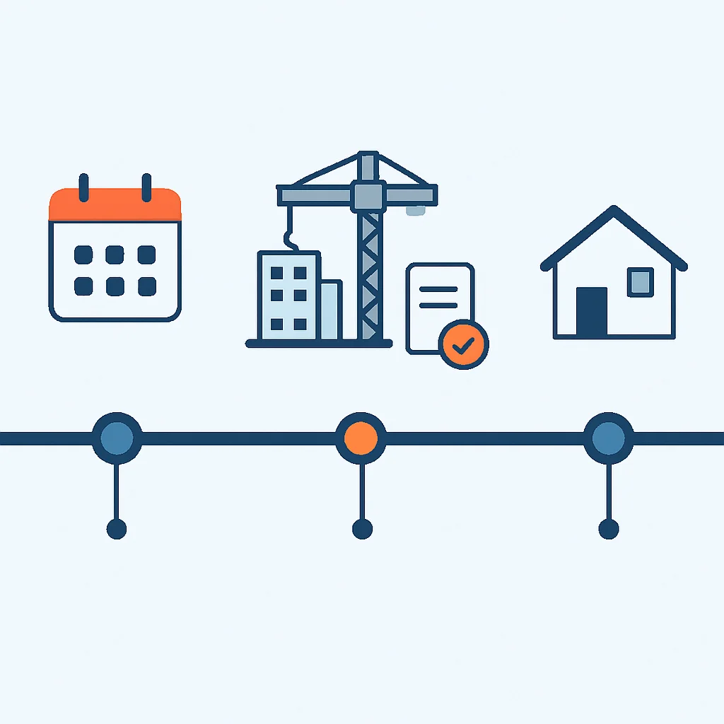 Diagrama ilustrando la línea de tiempo y los hitos para comprar una propiedad sobre plano